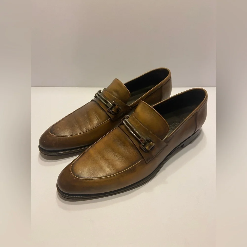 Ermenegildo Zegna Mens Rounded Toe Brown Leather Slip On Loafers Shoes 10 D